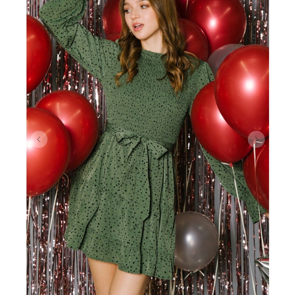FEW LEFT❗️NEW IN By Very J Olive Ditzy Dots Long Sleeves Short Dress - Picture 8 of 14